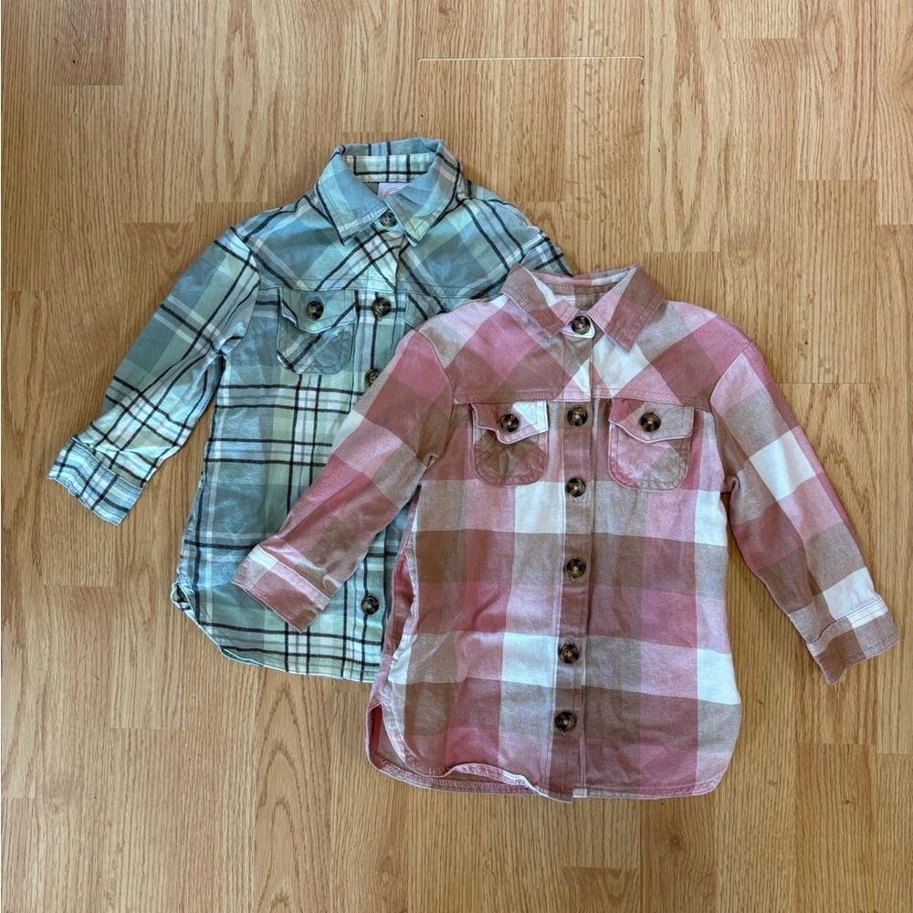 Wonder Nation Plaid button up Girls Shirts - Pink and Green